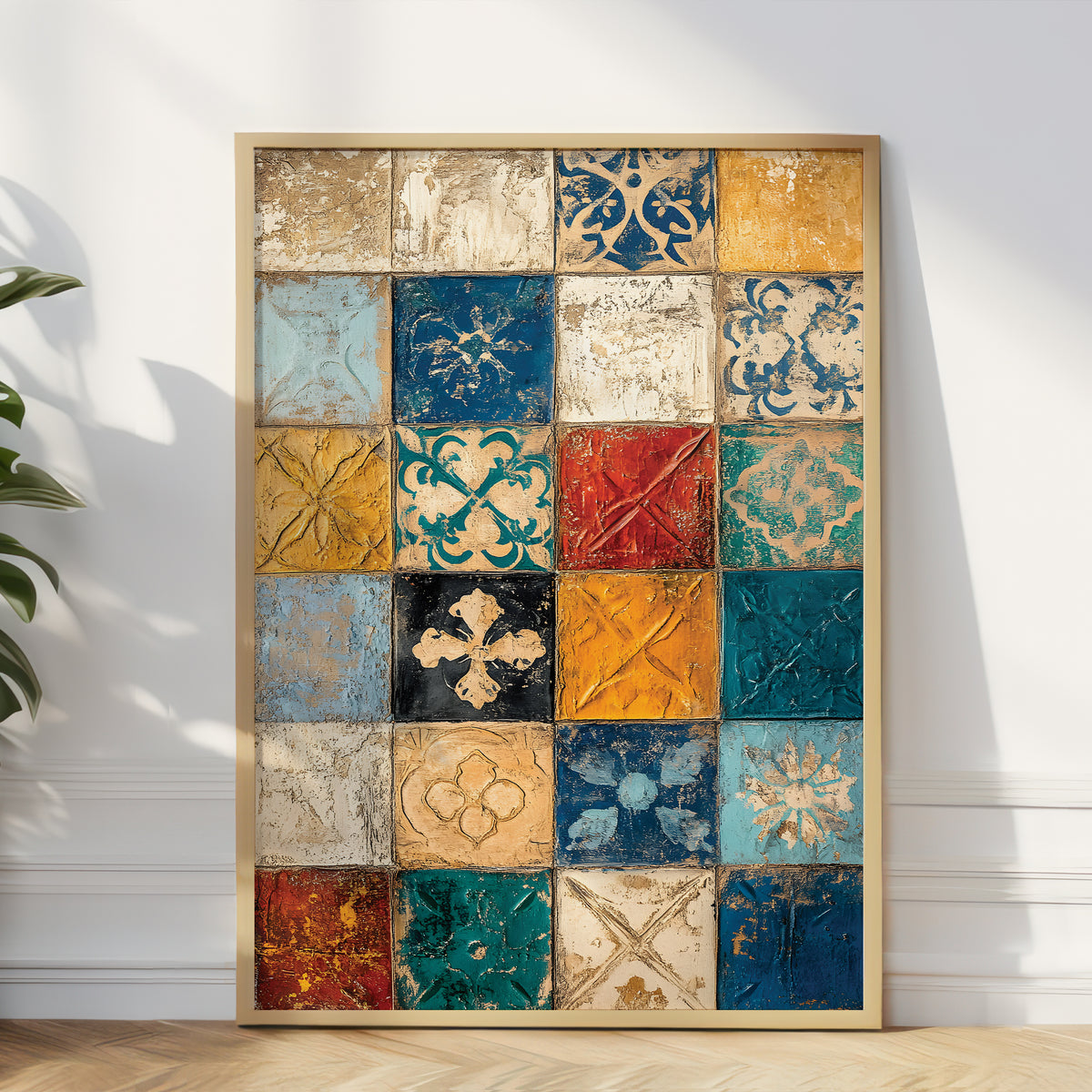 A large framed wall art piece featuring a grid of distressed decorative tiles in blue, gold, red, beige, and black, leaning against a white wall on a light wood floor.