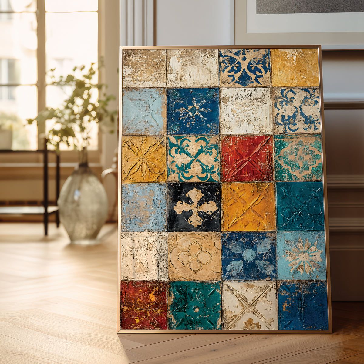 A framed square wall art piece leaning against a wall on a light wood floor, featuring a grid of colorful decorative tile-like squares in blue, yellow, red, teal, beige, and white. The room background includes a window, vase, and framed wall decor.