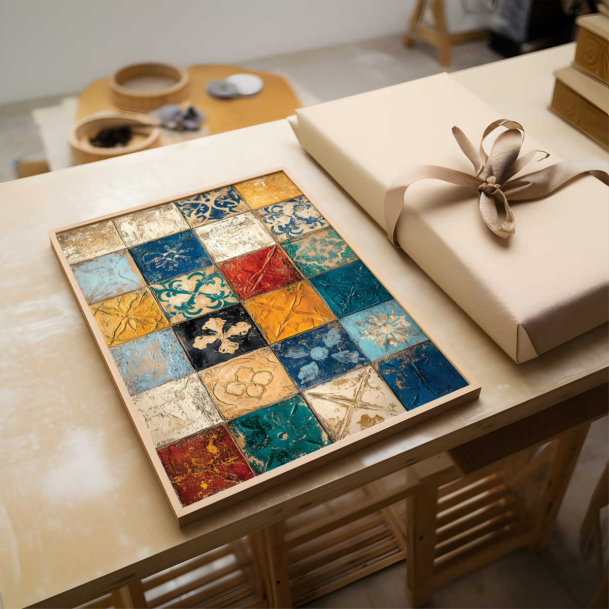 A framed decorative tile artwork with a grid of colorful patterned squares in blue, gold, teal, red, and beige tones, displayed on a light wood table next to a wrapped gift box with a beige ribbon.