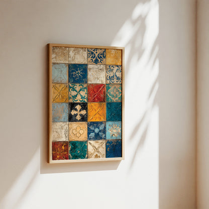 A framed wall art piece featuring a grid of textured ceramic tiles in assorted colors and patterns, hung on a warm beige wall with soft sunlight and leaf shadows.