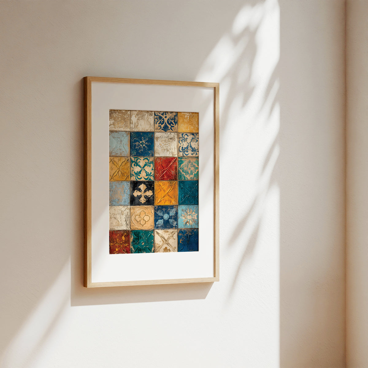 A framed art print featuring a colorful grid of vintage patterned tiles, hanging on a warm beige wall with soft sunlight and leaf shadows.