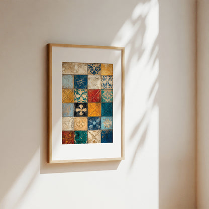 A framed art print featuring a colorful grid of vintage patterned tiles, hanging on a warm beige wall with soft sunlight and leaf shadows.