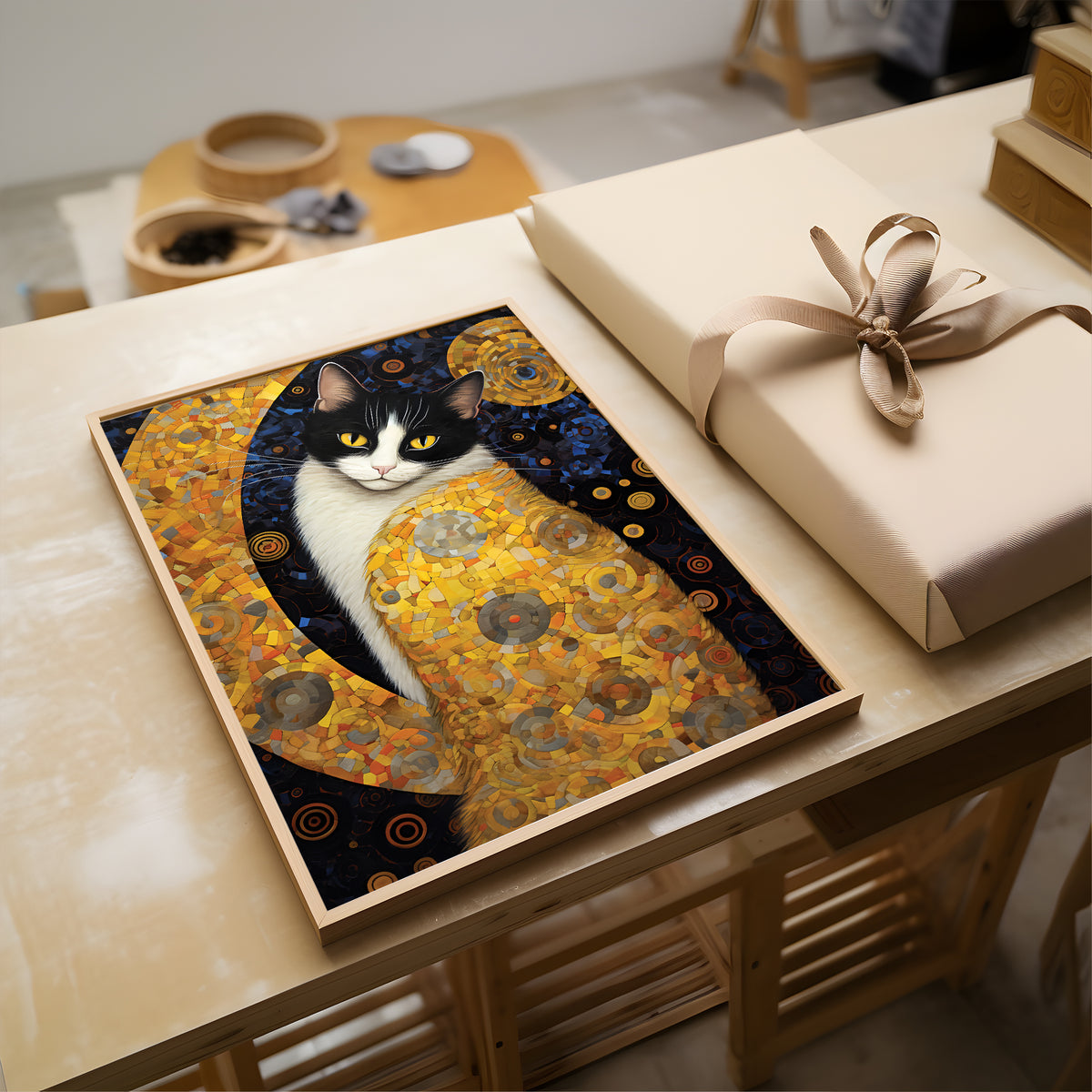 A framed art print depicting a black and white cat in a gold-toned expressionist style, displayed on a light wood table next to a wrapped gift box with a beige ribbon.