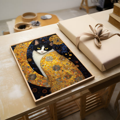 A framed art print depicting a black and white cat in a gold-toned expressionist style, displayed on a light wood table next to a wrapped gift box with a beige ribbon.