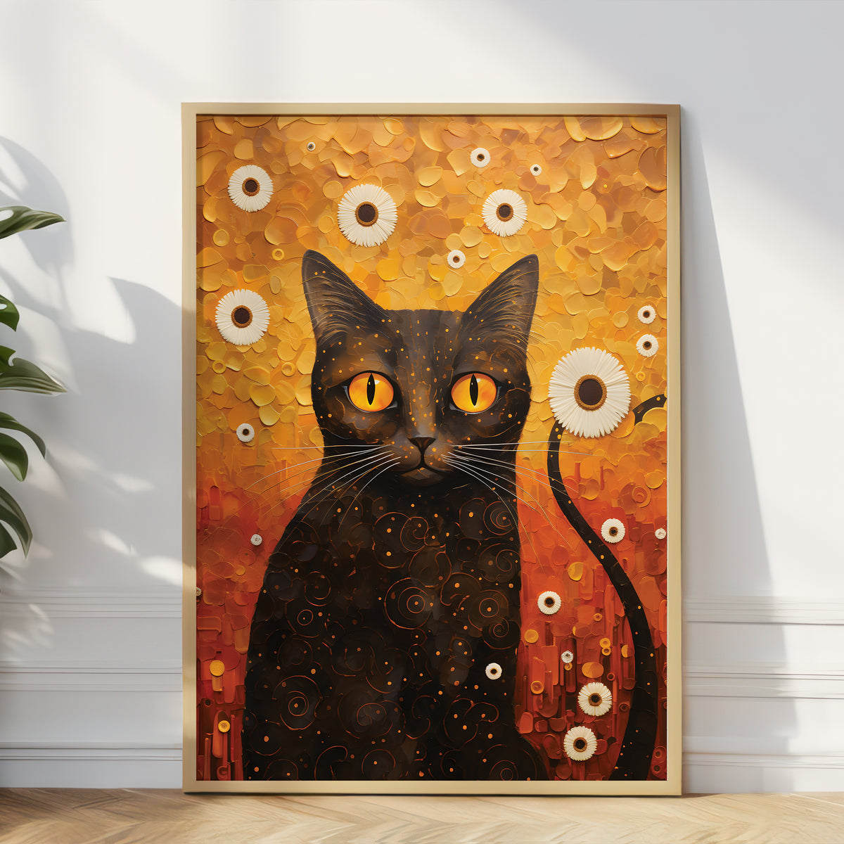 A framed art print featuring a stylized black cat with glowing yellow eyes on an abstract orange and gold background, leaning against a white wall on a wooden floor.
