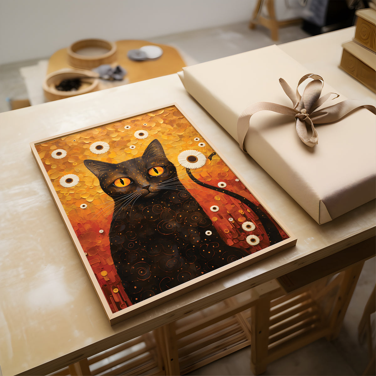 A framed art print depicting a black cat with glowing yellow eyes against a warm orange and gold textured background, displayed on a wooden table next to a wrapped gift box.