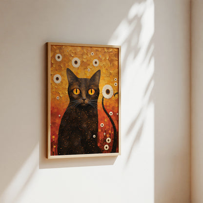 A framed art print depicting a black cat with glowing yellow eyes against a textured orange and gold background, hanging on a warm beige wall with soft sunlight and leaf shadows.