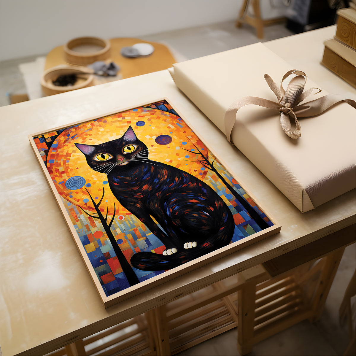 A framed colorful art print featuring a black cat with yellow eyes against a warm orange and blue background, displayed on a wooden table next to a beige gift box with a ribbon.