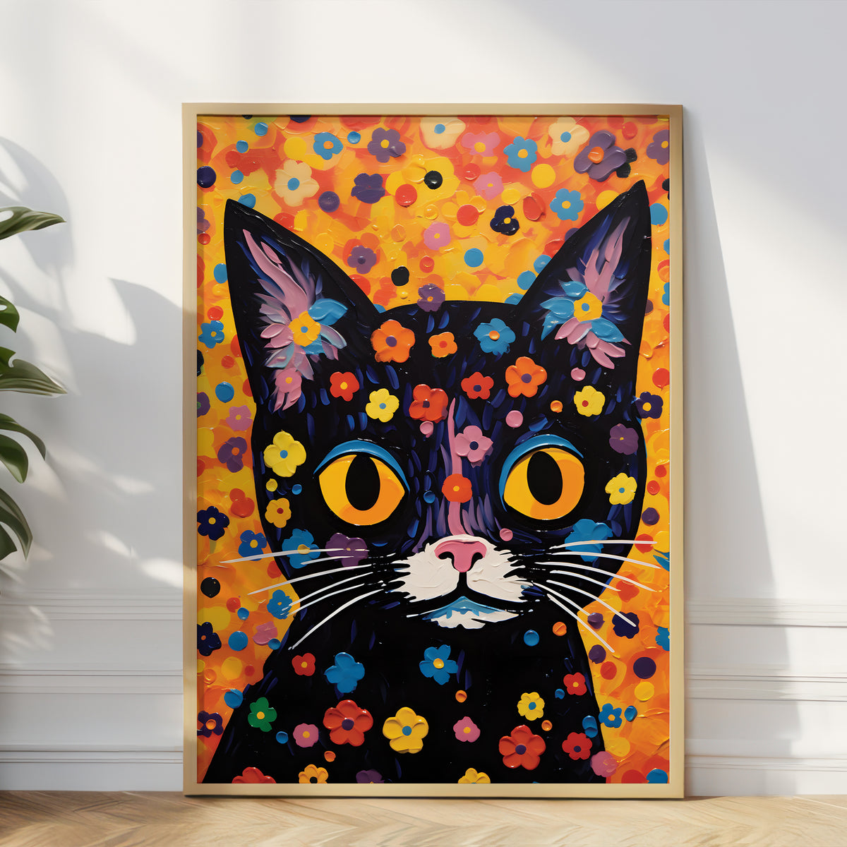 A framed colorful painting of a black cat with yellow eyes and a floral pattern, leaning against a white wall on a wooden floor.