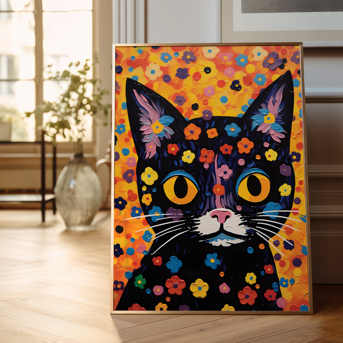 A framed colorful painting of a black cat with large yellow eyes and a face covered in small multicolored flowers, displayed leaning against a wall on a light wood floor in a bright interior.