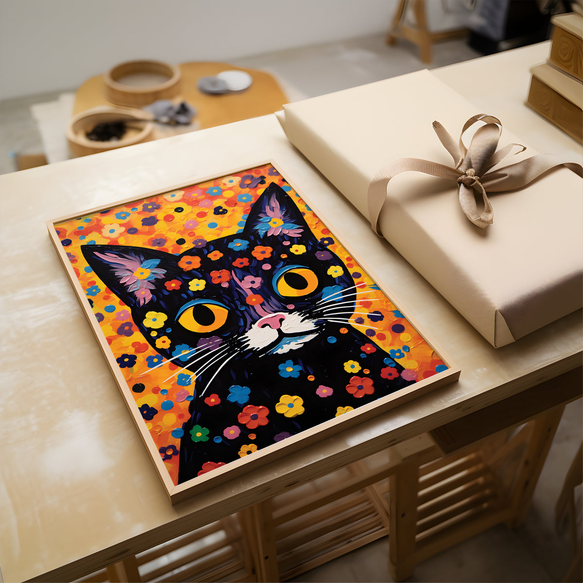 A framed colorful art print of a black cat surrounded by bright flowers, displayed on a wooden table next to a wrapped gift box.