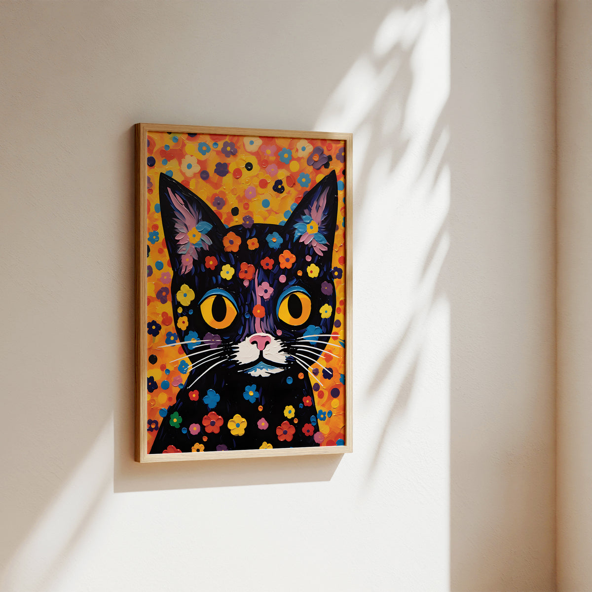 A framed colorful pop-art style cat painting hanging on a warm beige wall, with sunlight casting leaf shadows across the wall and frame.