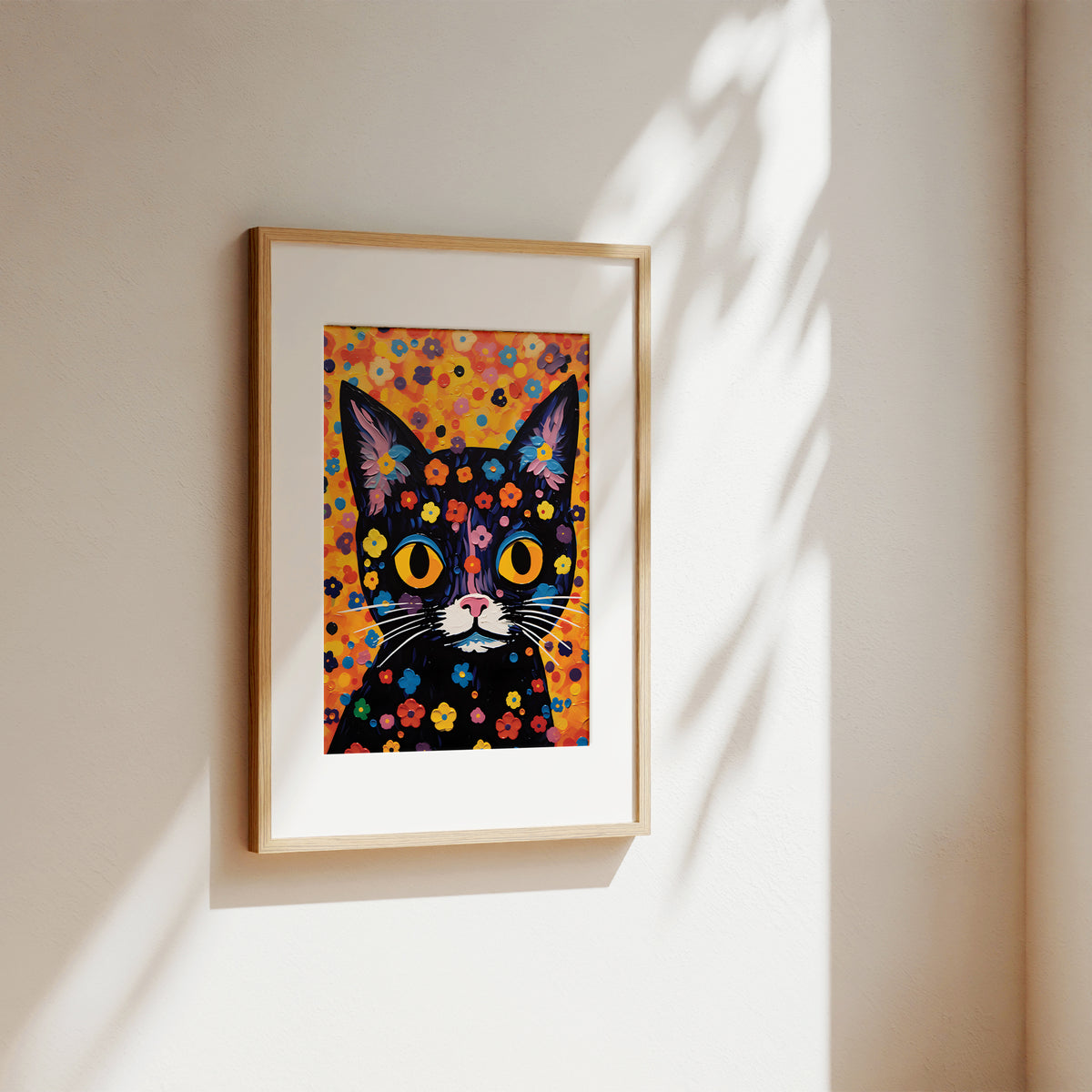 A framed art print featuring a colorful black cat with floral patterns, displayed on a warm beige wall with soft sunlight and leaf shadows.