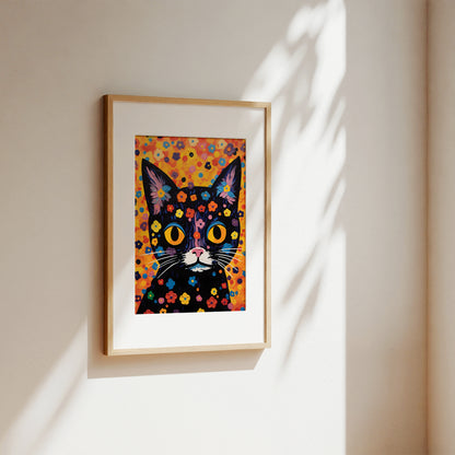 A framed art print featuring a colorful black cat with floral patterns, displayed on a warm beige wall with soft sunlight and leaf shadows.