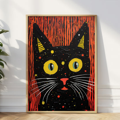 A framed art print featuring a stylized black cat with large yellow eyes and white whiskers, set against a red and orange striped background, leaning against a white wall on a light wood floor.