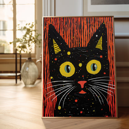A framed vertical art print featuring a stylized black cat face with large yellow eyes, white whiskers, and a red-orange striped background, leaning against a wall on a light wood floor in a softly lit room.