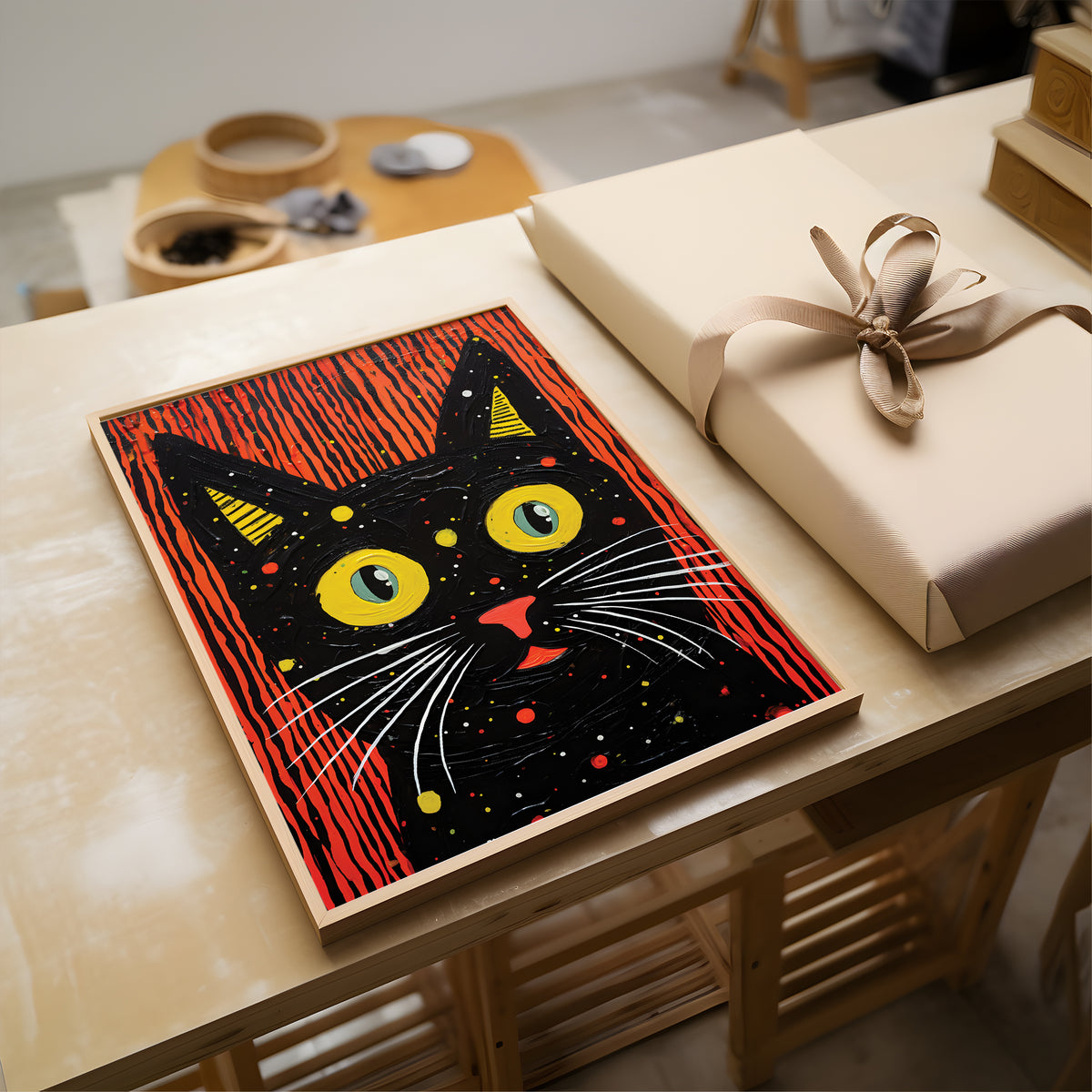 A framed art print featuring a stylized black cat with large yellow eyes and red stripes, displayed on a light wooden table next to a wrapped gift box.