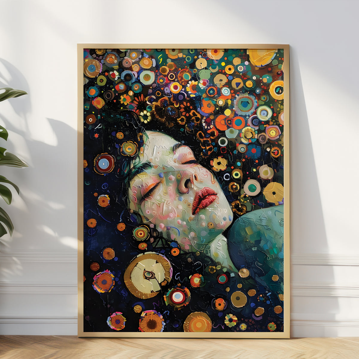 A framed vertical art print leaning against a white wall on a light wood floor, showing a colorful painted portrait of a woman surrounded by circular floral and clock-like motifs.