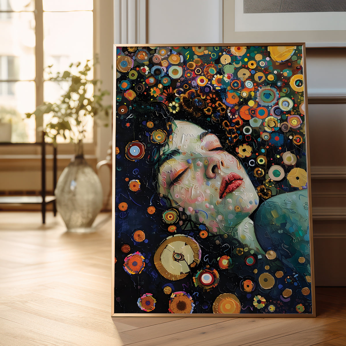 A framed colorful painting leaning against a wall in a bright room. The artwork depicts a woman's face surrounded by swirling circular patterns in dark blue, teal, orange, yellow, and red.