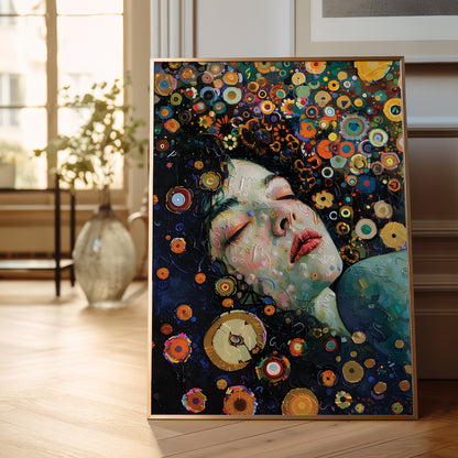 A framed colorful painting leaning against a wall in a bright room. The artwork depicts a woman's face surrounded by swirling circular patterns in dark blue, teal, orange, yellow, and red.