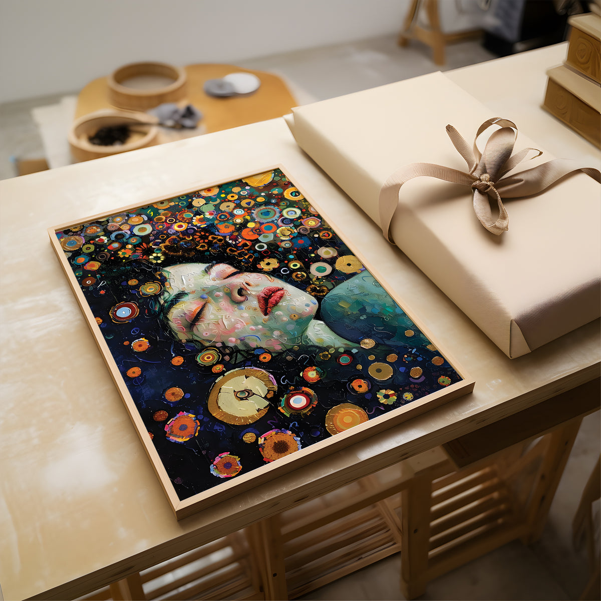 A framed art print featuring a surreal portrait of a woman surrounded by colorful flowers on a dark background, displayed on a wooden table next to a wrapped gift box with a beige ribbon.