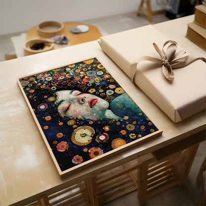 A framed art print featuring a surreal portrait of a woman surrounded by colorful flowers on a dark background, displayed on a wooden table next to a wrapped gift box with a beige ribbon.