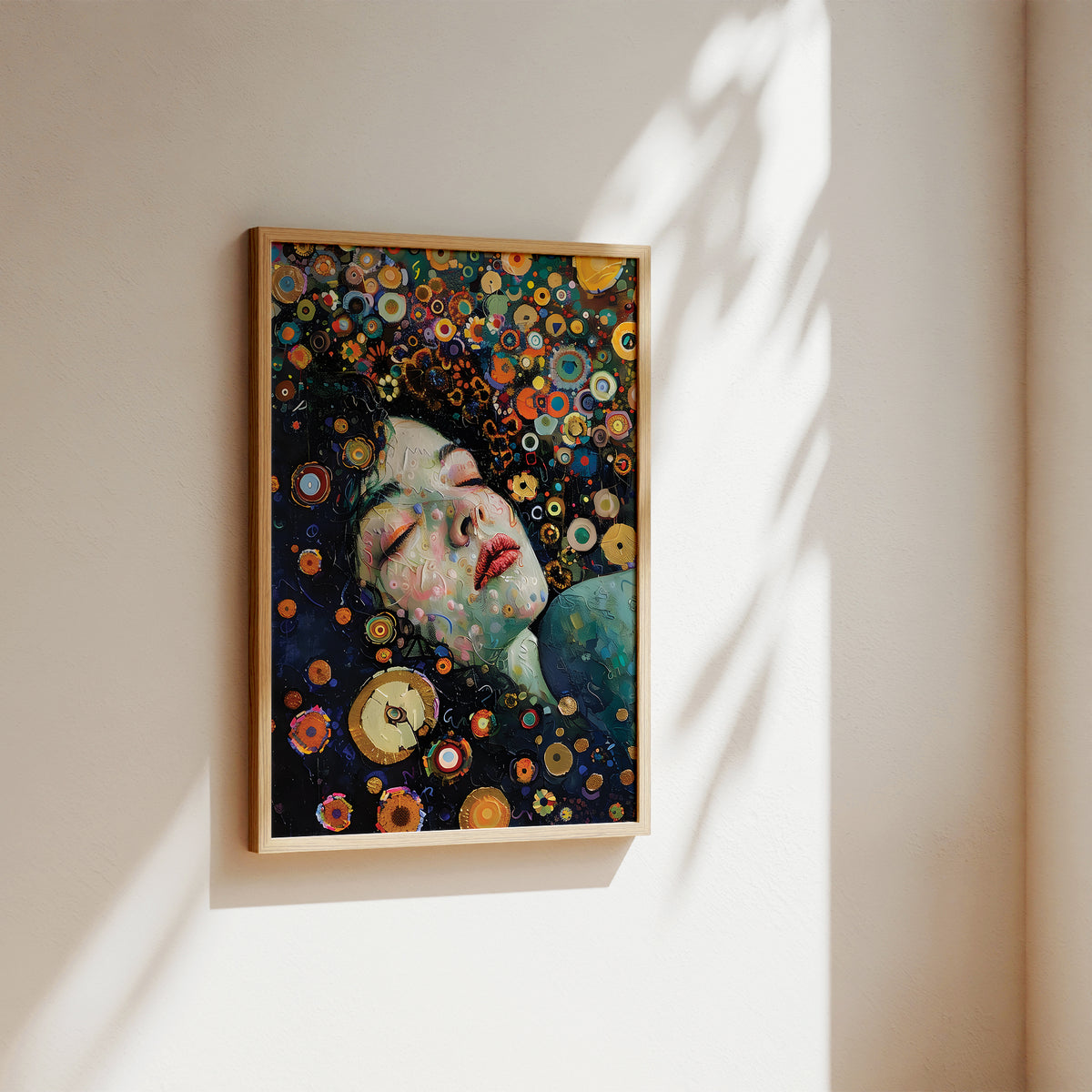 A framed art print depicting a woman's face surrounded by colorful flowers and clock motifs, hanging on a beige wall with soft sunlight and leaf shadows.