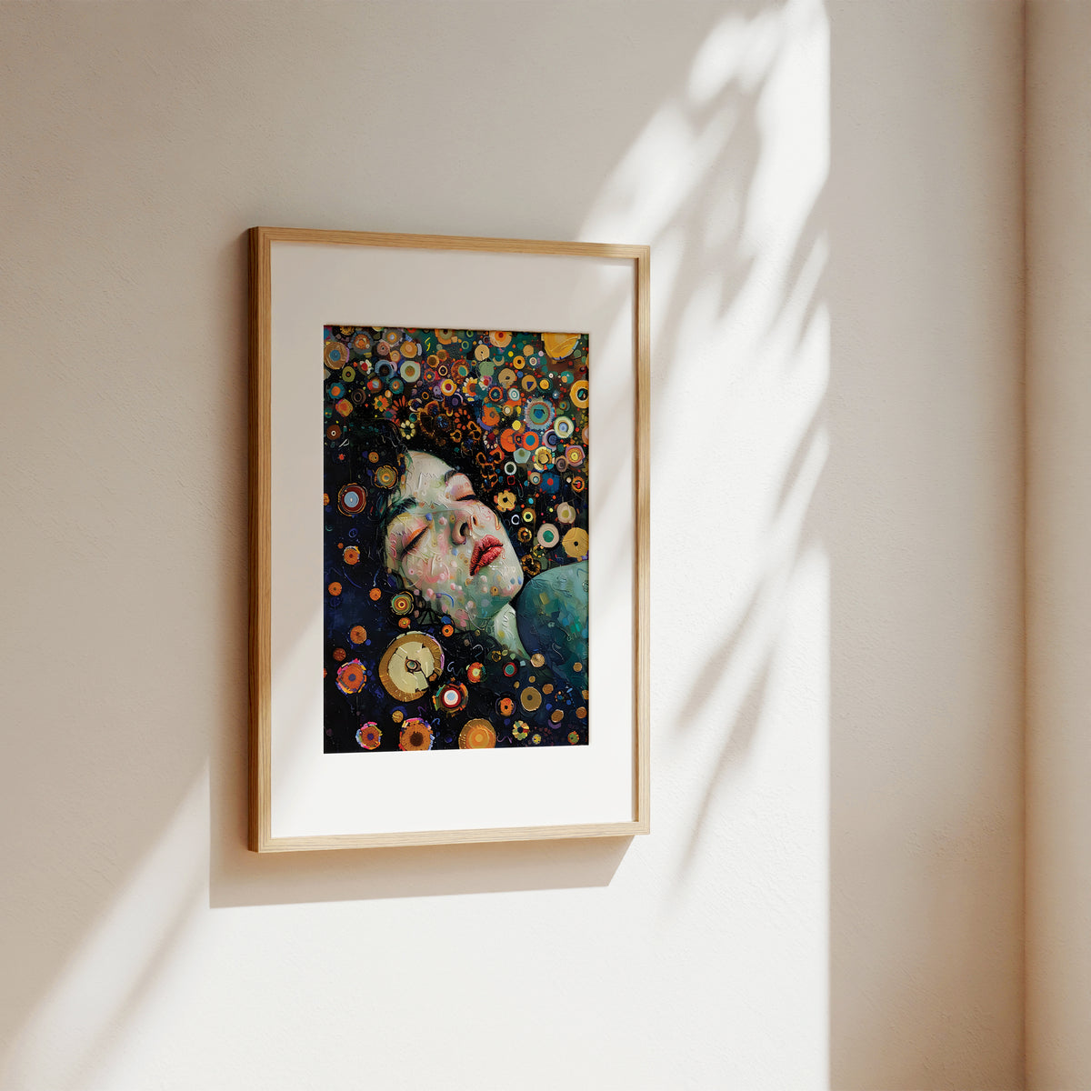 A framed art print featuring a colorful portrait of a woman surrounded by flowers, styled on a warm beige wall with soft sunlight and leaf shadows.