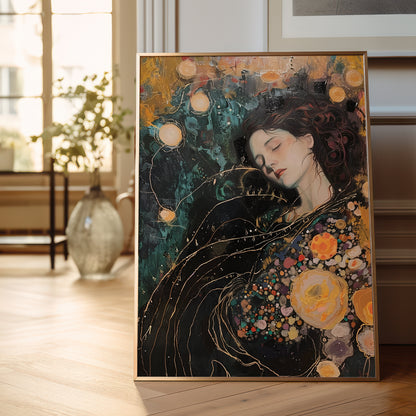 A framed vertical painting leaning against a wall in a bright, modern room. The artwork depicts a woman with closed eyes, dark wavy hair, and a dark dress adorned with large yellow, orange, and pink flowers, set against a dark teal and gold abstract background with glowing orbs.