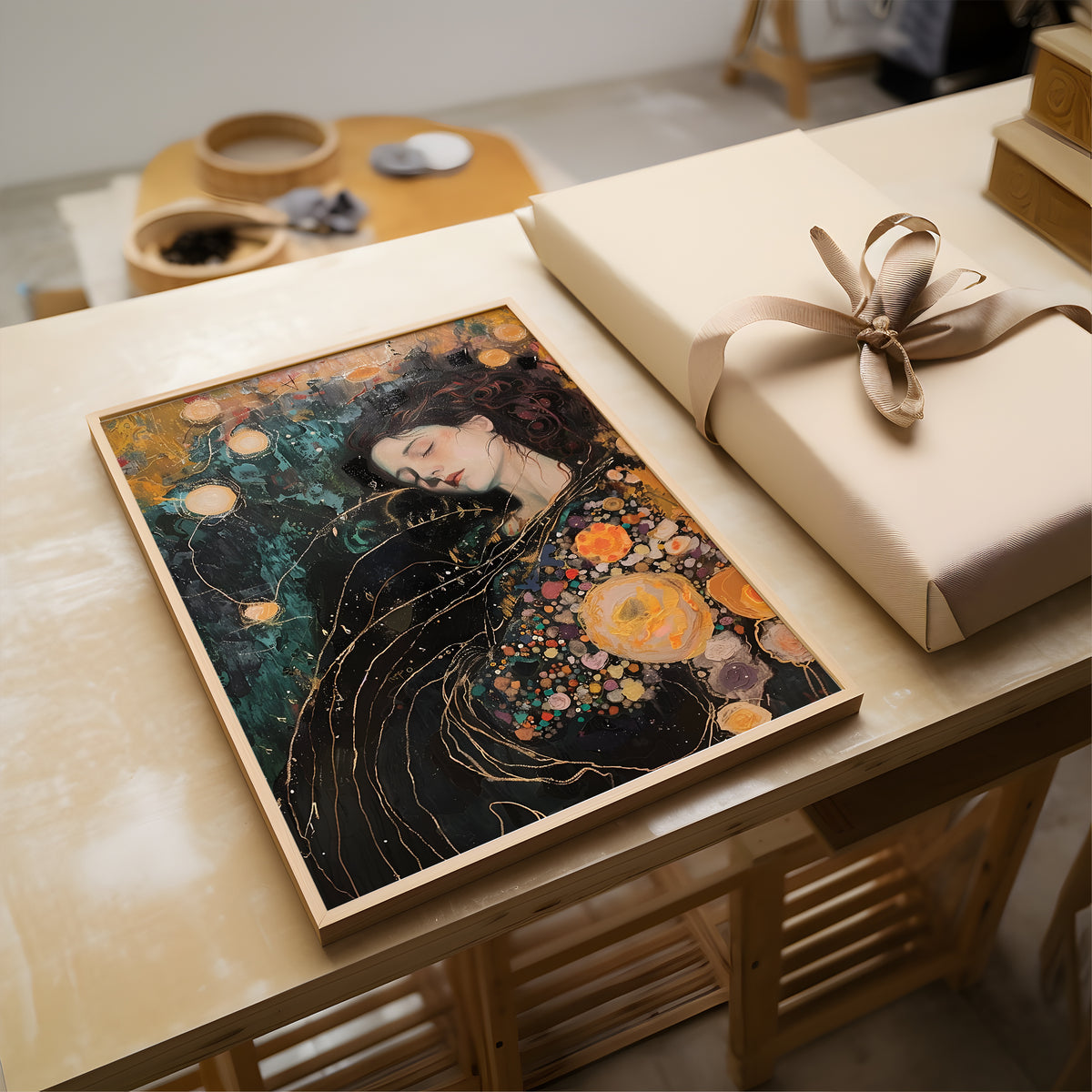 A framed art print featuring a stylized portrait of a woman with flowing dark hair and floral details, displayed on a wooden table next to a wrapped gift box with a beige ribbon.