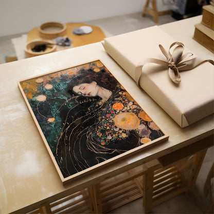 A framed art print featuring a stylized portrait of a woman with flowing dark hair and floral details, displayed on a wooden table next to a wrapped gift box with a beige ribbon.