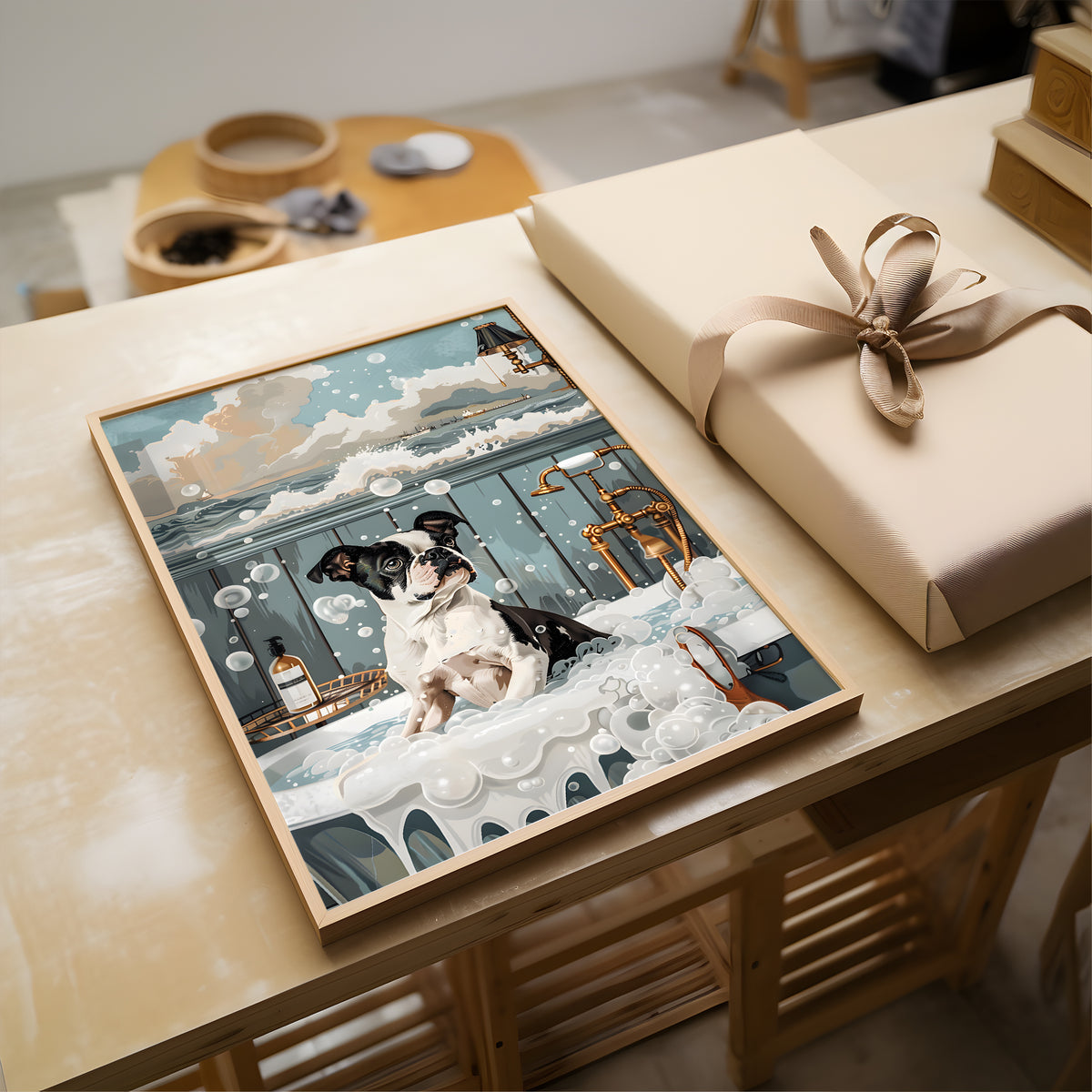 A framed art print depicting a dog in a snowy winter scene with a lantern, styled on a wooden table next to a wrapped gift box with a beige ribbon.