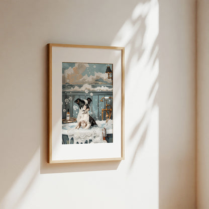 A framed art print featuring a whimsical illustration of a woman in a white dress and a black-and-white dog on a balcony, hung on a warm beige wall with soft sunlight and leaf shadows.