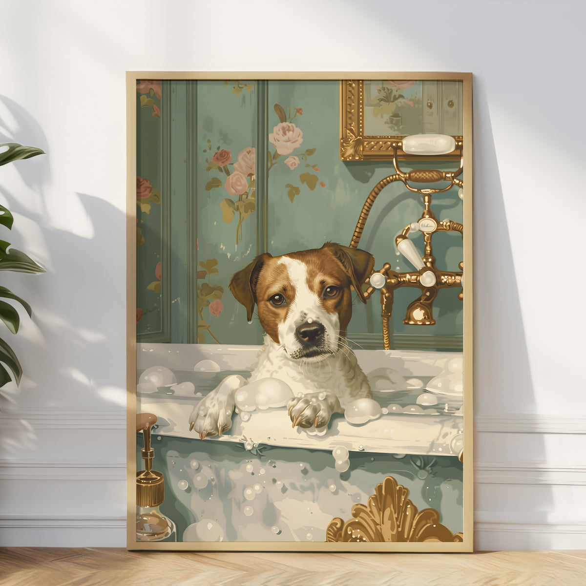 A framed art print depicting a Jack Russell Terrier dog in a vintage bathtub with bubbles and floral wallpaper, leaning against a white wall on a wooden floor.