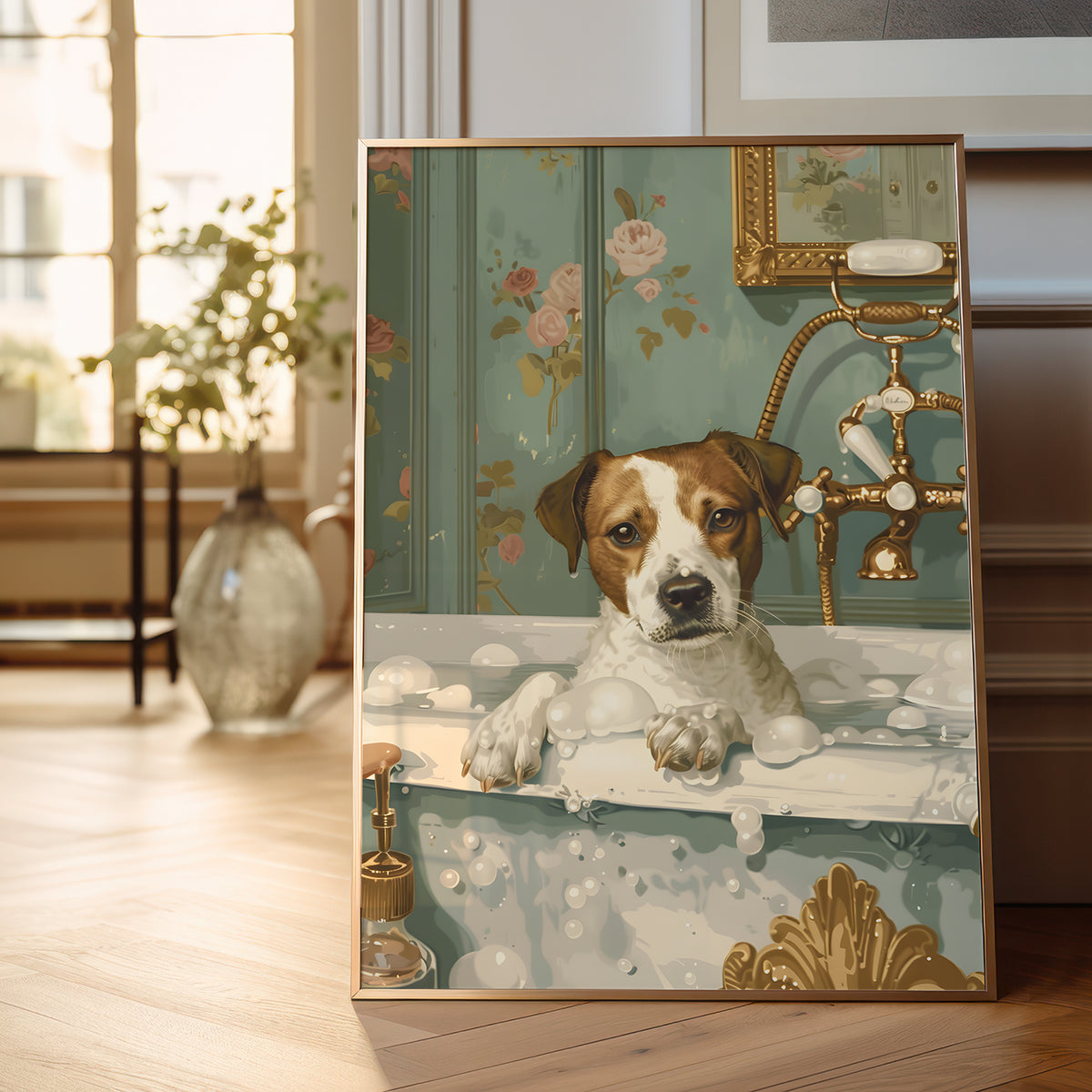 A framed vertical art print depicting a Jack Russell Terrier dog in a bathtub with bubbles, set in a softly blurred, elegant interior room.