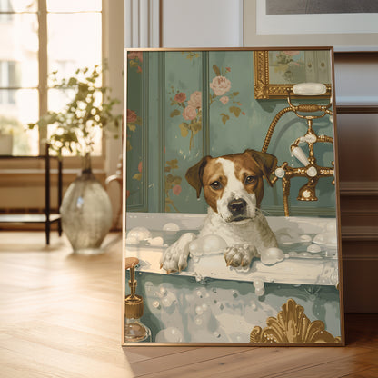 A framed vertical art print depicting a Jack Russell Terrier dog in a bathtub with bubbles, set in a softly blurred, elegant interior room.