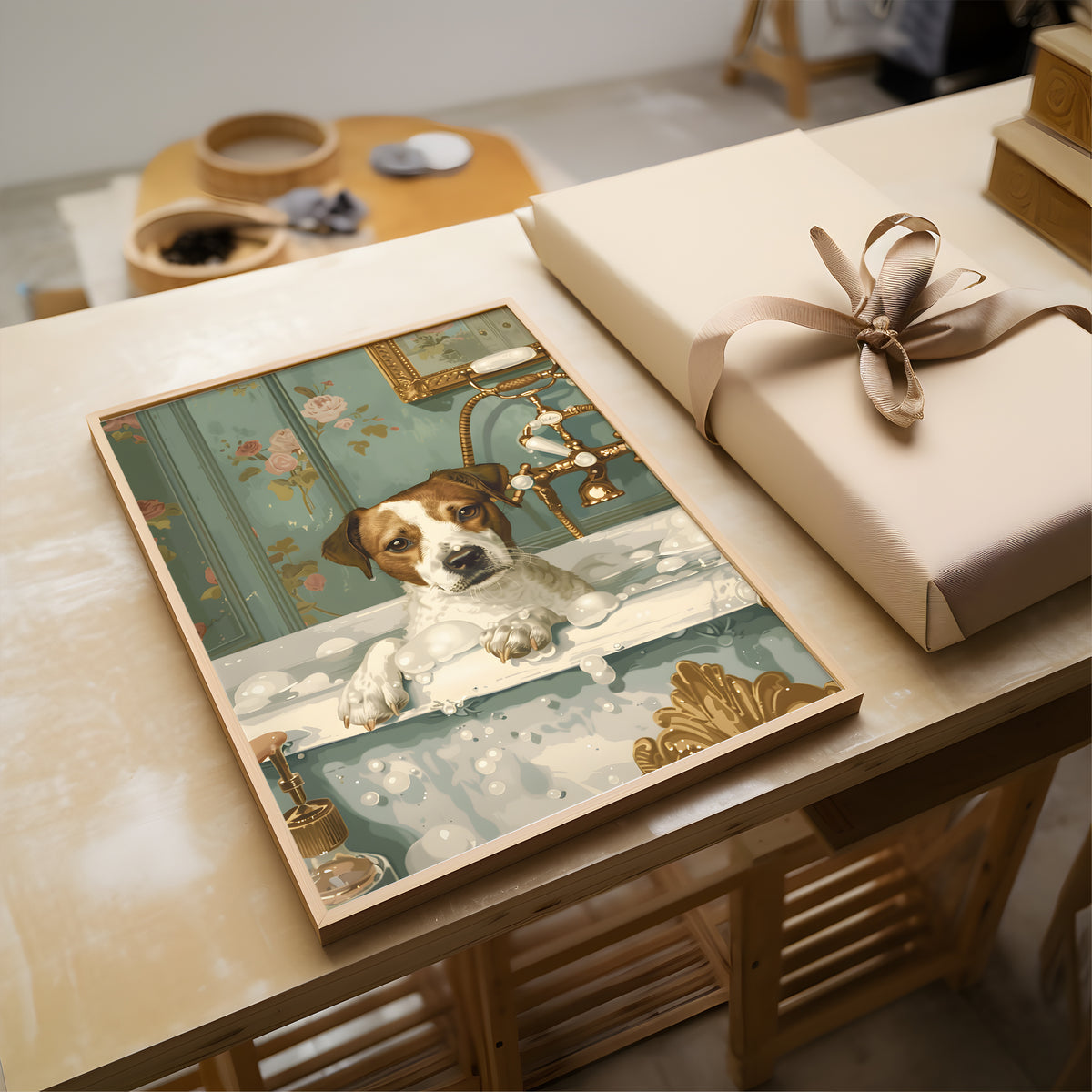 A framed art print depicting a dog in a bathtub scene, styled on a wooden table next to a wrapped gift box with a beige ribbon.