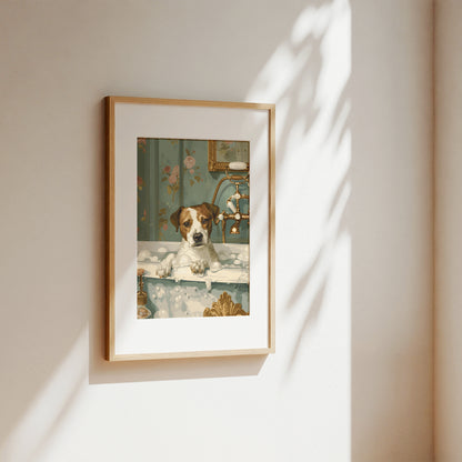 A framed art print featuring a Jack Russell Terrier dog sitting in a bathtub, hung on a warm beige wall with soft sunlight and leaf shadows casting across it.