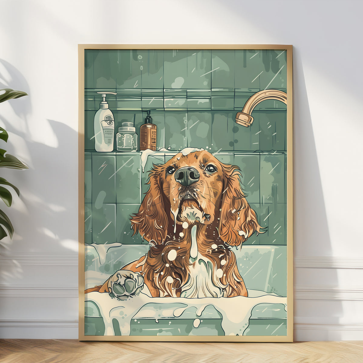 A framed art print depicting a brown and white dog in a bathtub with soap during a shower, leaning against a white wall on a wooden floor.