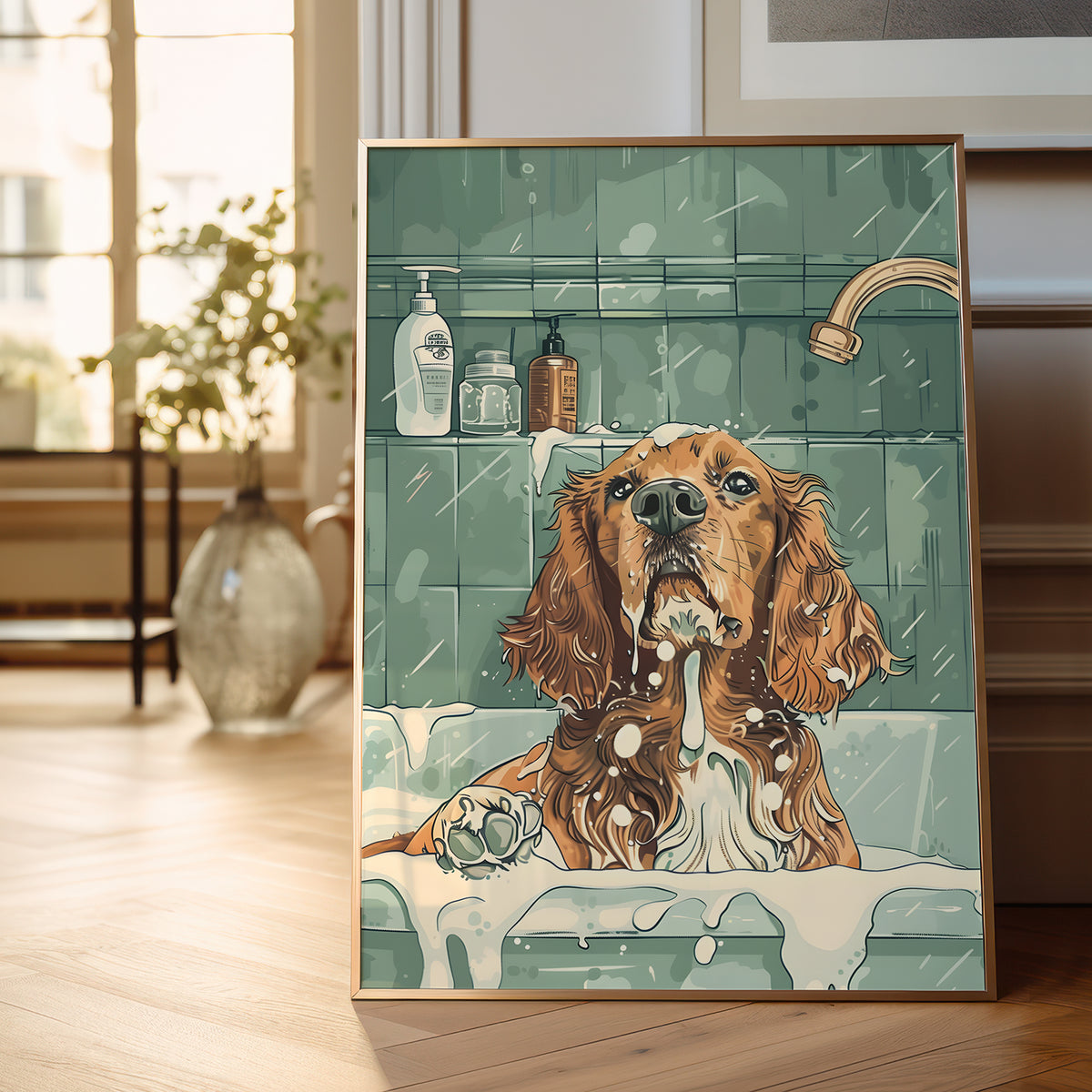 A framed art print depicting a brown dog with white soap foam in a teal bathroom, leaning against a wall on a wooden floor in a softly lit room.