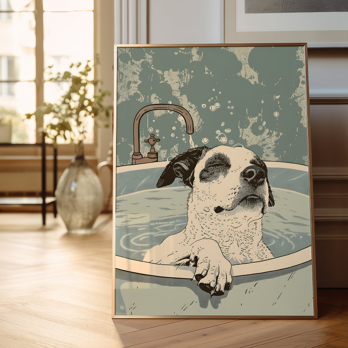 A framed art print depicting a dog relaxing in a bathtub with a faucet, leaning against a wall on a wooden floor in a softly lit room.