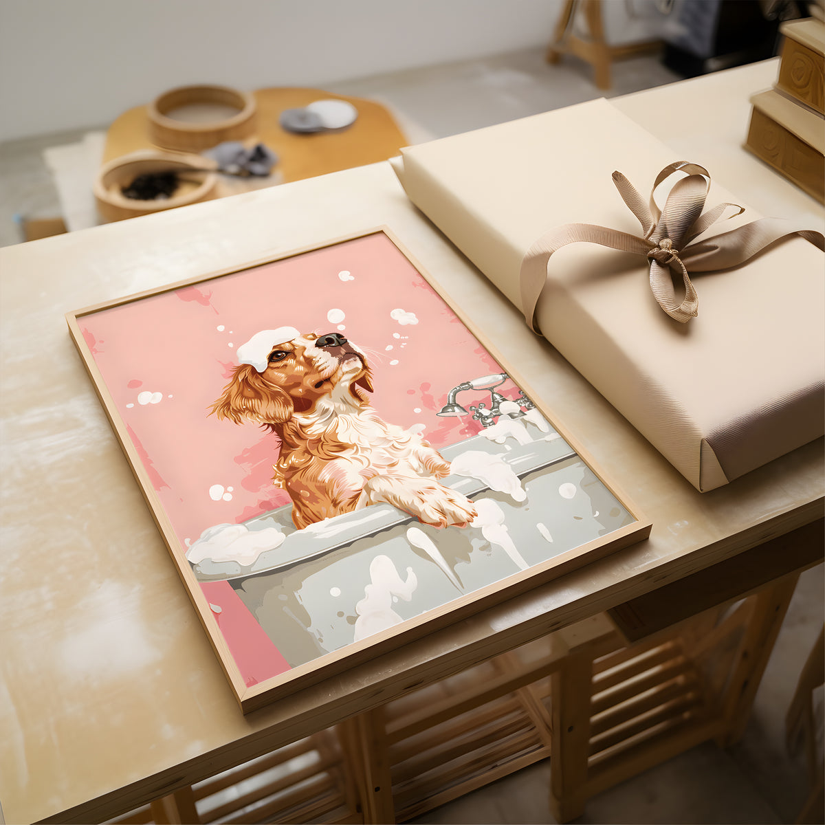 A framed pet art print depicting a wet dog in a bathtub against a pink background, styled on a wooden table next to a wrapped gift box.