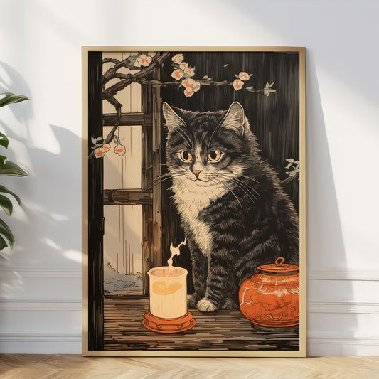 A framed vertical art print leaning against a white wall on a wood floor. The artwork shows a black-and-white tabby cat beside a glowing candle and an orange ceramic jar, with cherry blossoms and a window in the background.