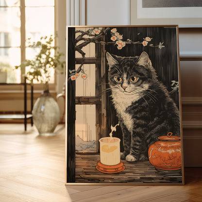 A framed art print depicting a fluffy gray tabby cat sitting next to a glowing candle and an orange ceramic jar, leaning against a light-colored wall in a bright, modern room.