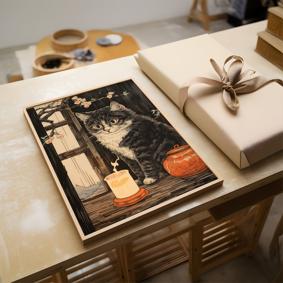 A framed art print depicting a tabby cat sitting by a window with a candle and an orange lantern, displayed on a wooden table next to a wrapped gift box.