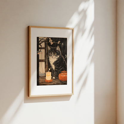 A framed art print featuring a tabby cat sitting beside a candle and a small orange pumpkin, hung on a warm beige wall with soft sunlight and leaf shadows cast across it.