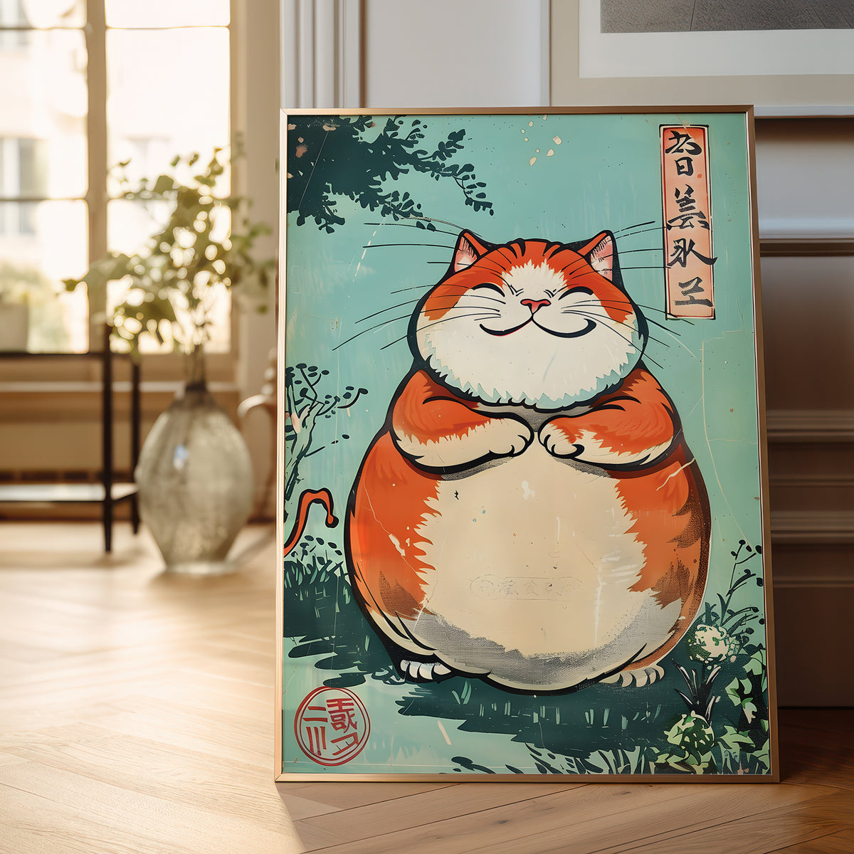 A framed art print featuring a cute, round orange and cream cat with a mustache in a Japanese-style illustration, leaning against a wall on a wooden floor in a softly lit room.