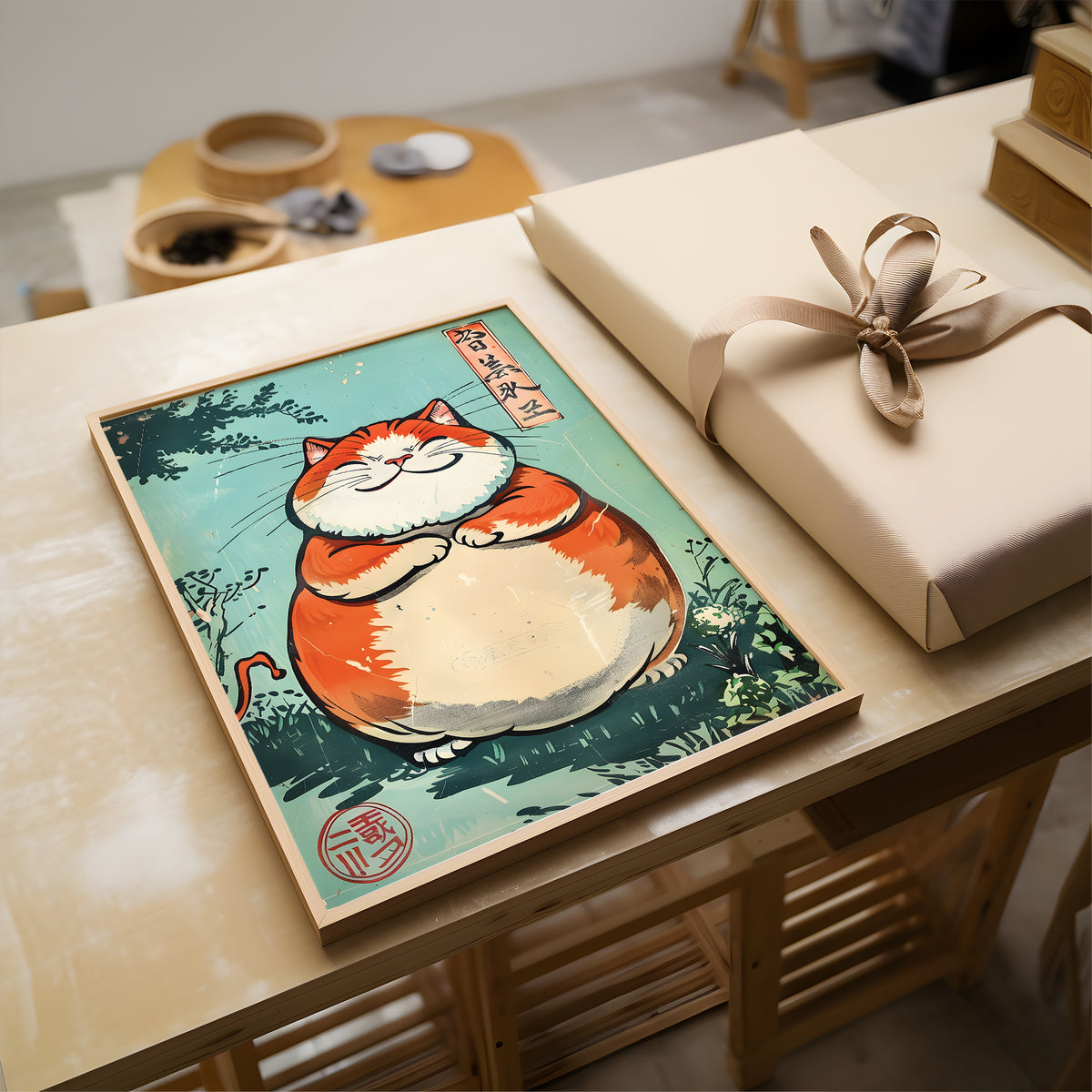 A framed art print featuring a cute, chubby orange and white cat in a Japanese ukiyo-e style, displayed on a light wooden table next to a wrapped gift box.