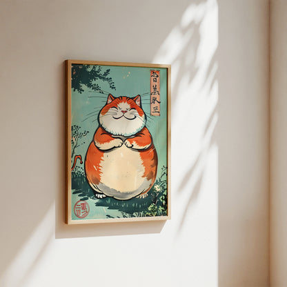 A framed art print featuring a cute, chubby orange and white cat in a Japanese ukiyo-e style, hanging on a warm beige wall with soft sunlight and leaf shadows.