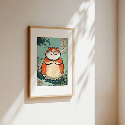 A framed art print featuring a cute, chubby orange and white cat in a Japanese ukiyo-e style, hanging on a warm beige wall with soft sunlight and leaf shadows.
